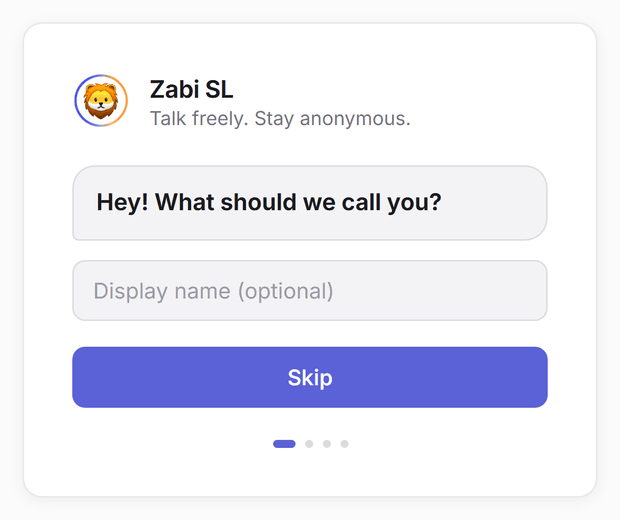 Zabi SL open on a phone, showing the sign-in card asking what to call you
